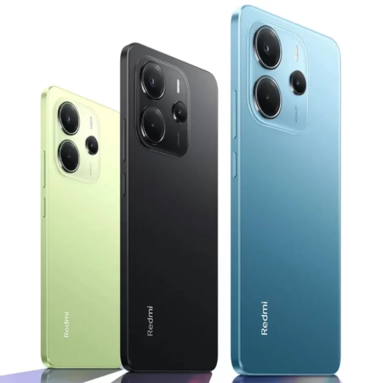 Three Redmi smartphones in different colors: green, black, and blue, displayed from the back.