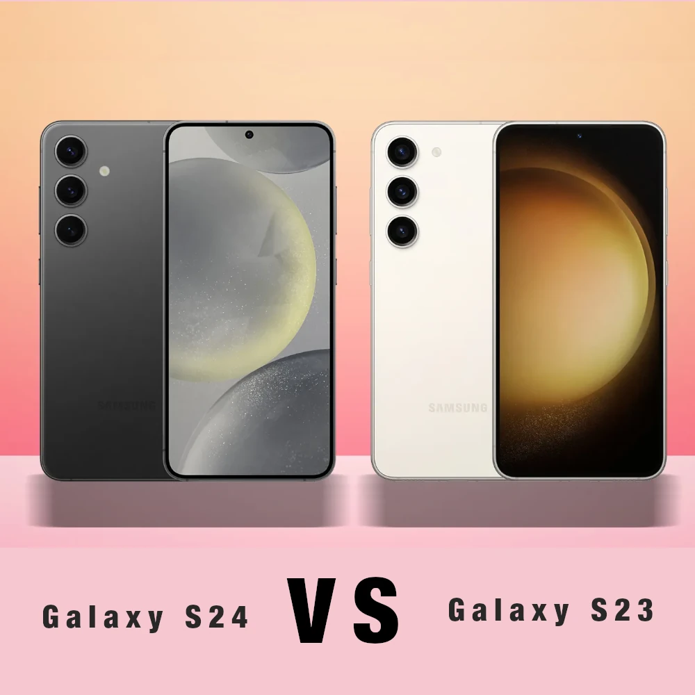 two Samsung Galaxy S24 versus S23 smartphones