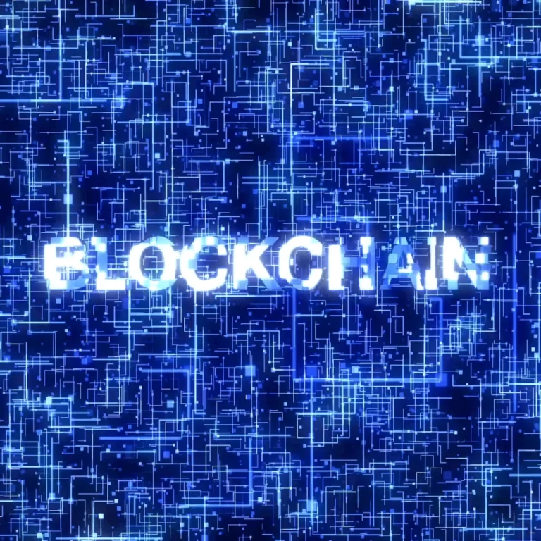 The image features the word "BLOCKCHAIN" illuminated against a blue, abstract digital background with network-like lines and patterns.
