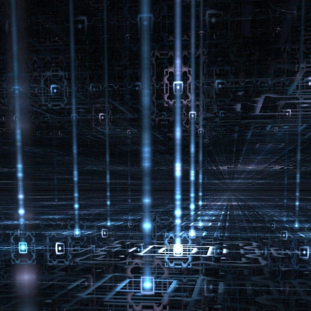 A digital landscape featuring beams of light and intricate circuit-like patterns on a dark background.