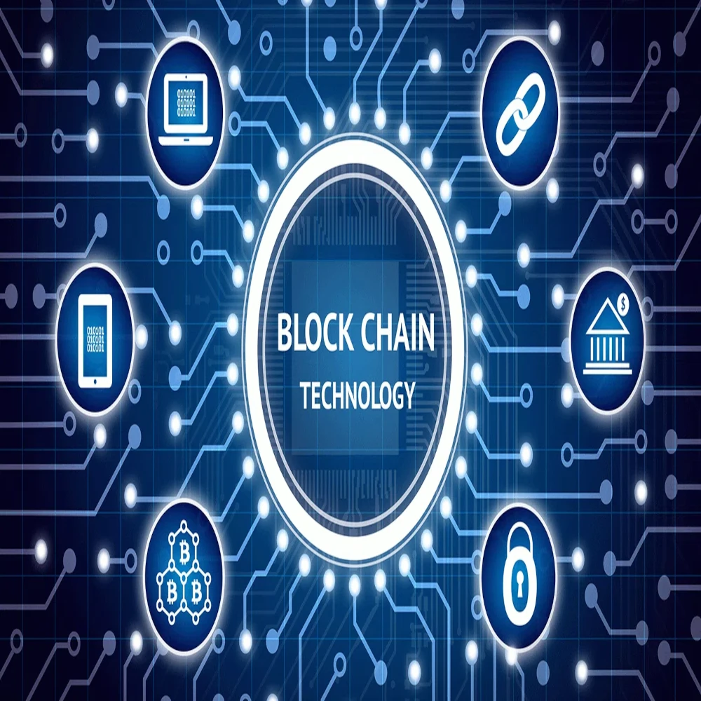 Illustration showcasing blockchain technology, featuring icons for mobile devices, a laptop, a chain link, a bank, cryptocurrency, and a padlock, all interconnected with circuit patterns.