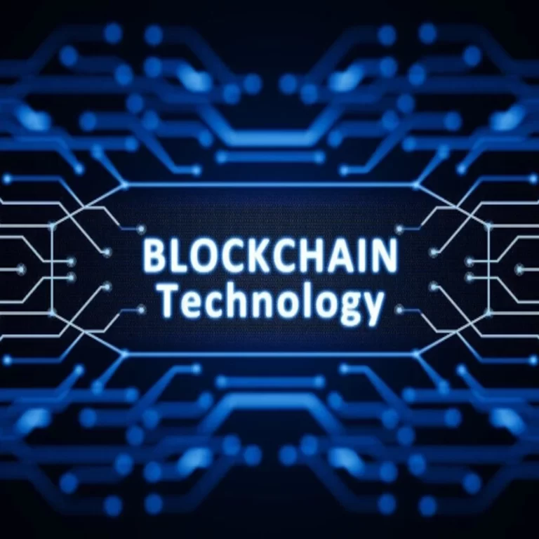 A digital graphic featuring the words "BLOCKCHAIN Technology" surrounded by abstract blue lines and circuit patterns.