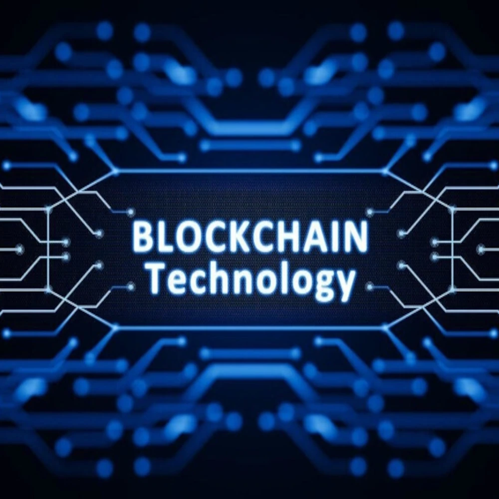 A digital graphic featuring the words "BLOCKCHAIN Technology" surrounded by abstract blue lines and circuit patterns.