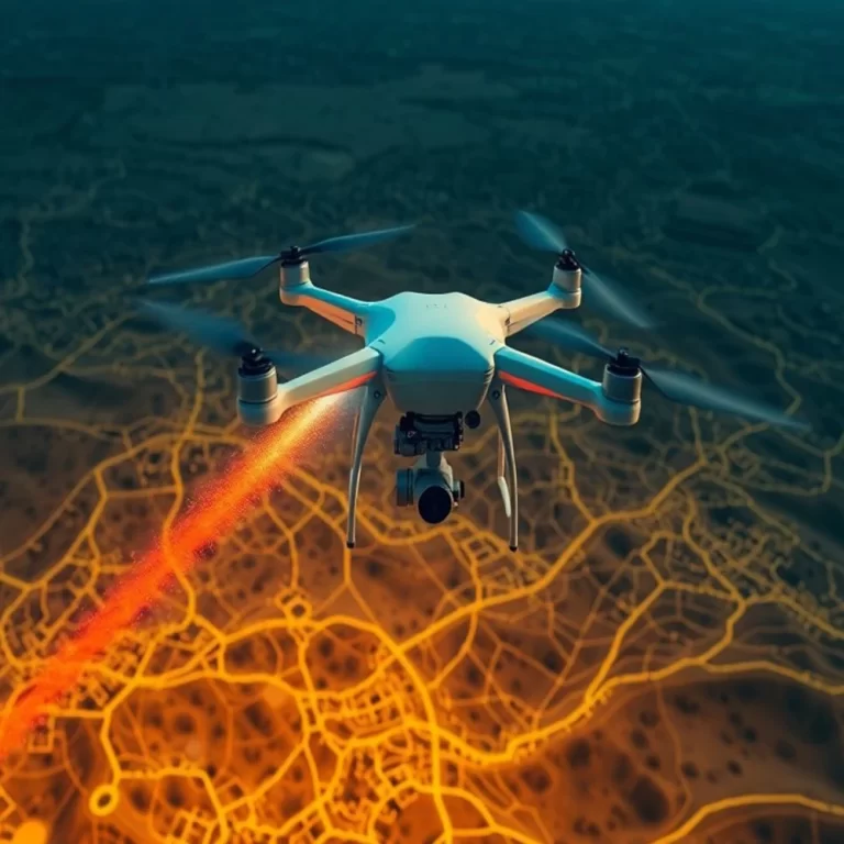 A drone is flying over a landscape, emitting a red laser beam above a network of illuminated streets and pathways below.