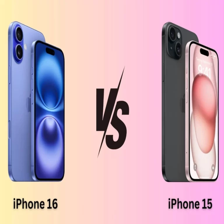 Image comparing the iPhone 16 (left) and iPhone 15 (right) with a "VS" graphic in the center.