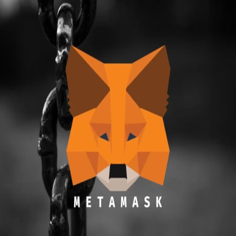 A stylized fox logo of MetaMask, with a faded chain in the background.