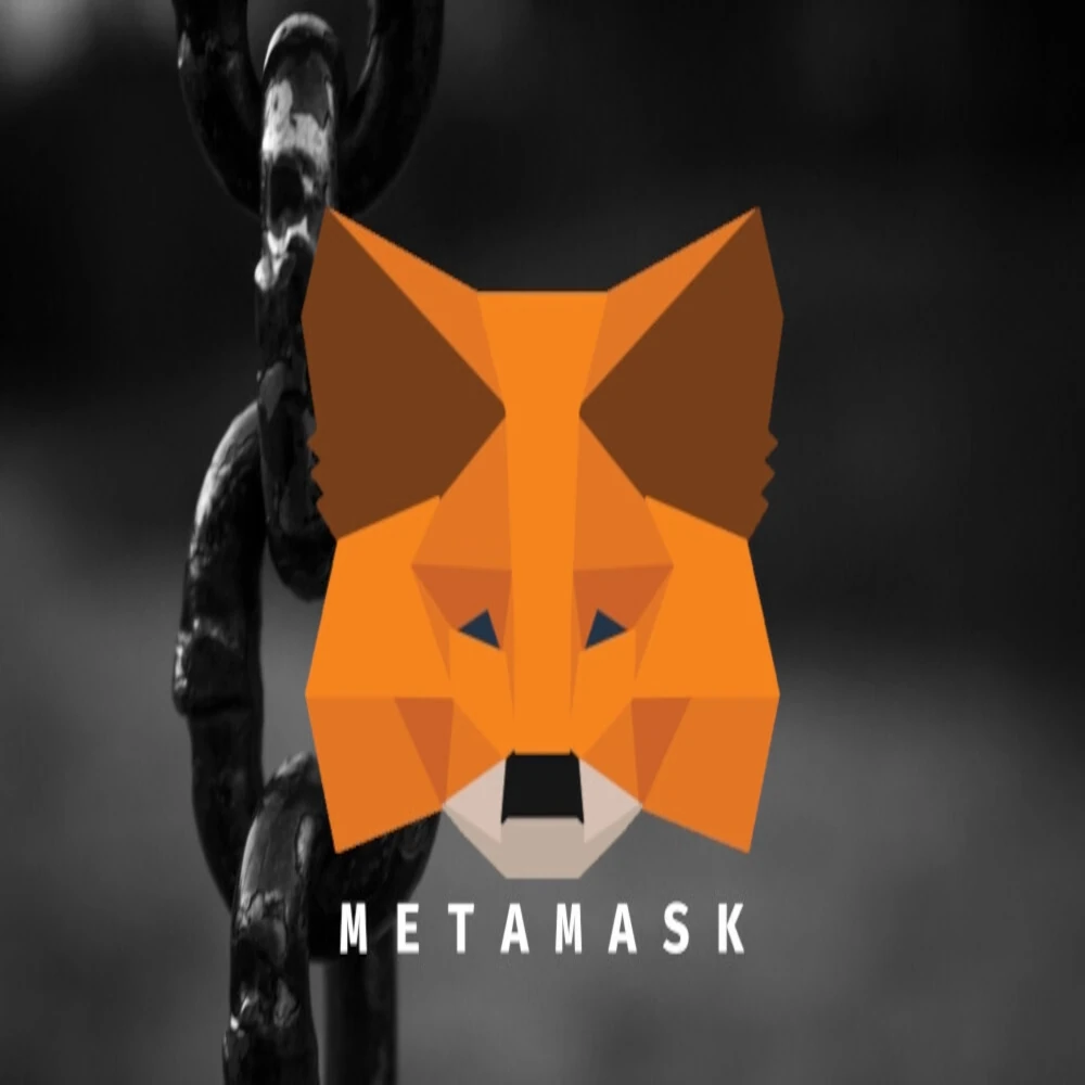 A stylized fox logo of MetaMask, with a faded chain in the background.