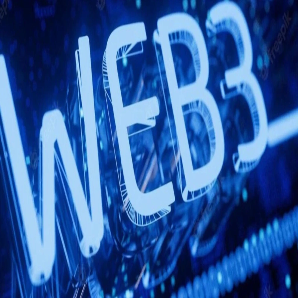 The image displays the term "WEB3" in blue neon lighting against a dark, digital background.