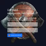 An interface display for "LinkShield," featuring options to paste a URL, set a pay-per-click rate, and connect a wallet, all set against a background of a shield and crossed weapons, study Blockchain.